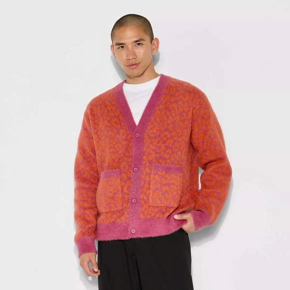 Pink & Orange Y2K Men's Fuzzy Cardigan - Picture 1 of 3